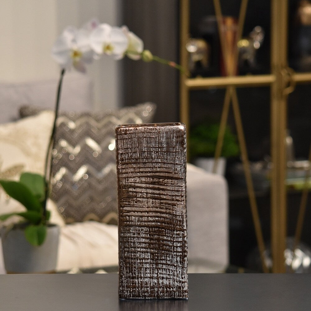 Ceramic Tall Rectangular Vase with Ribbed Design Body SM Distressed Fi