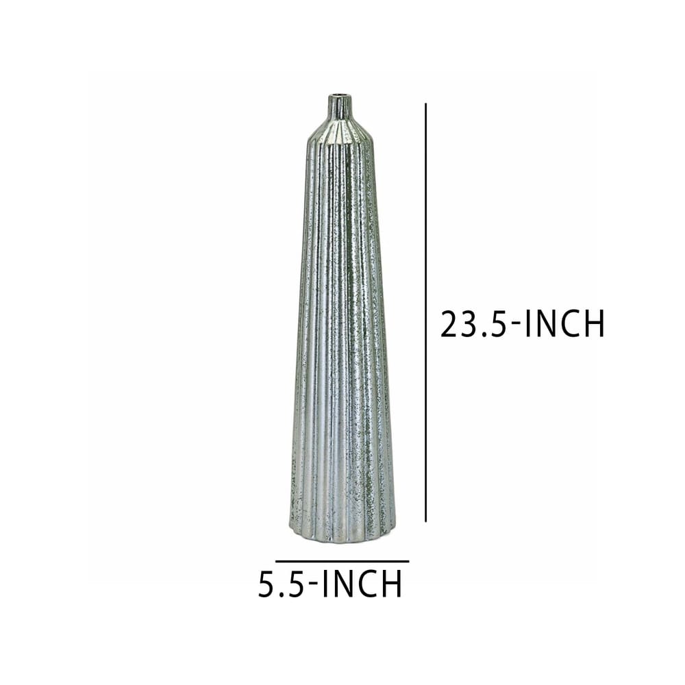 Ceramic Tall Vase with Embossed Line Texture Surface, Silver