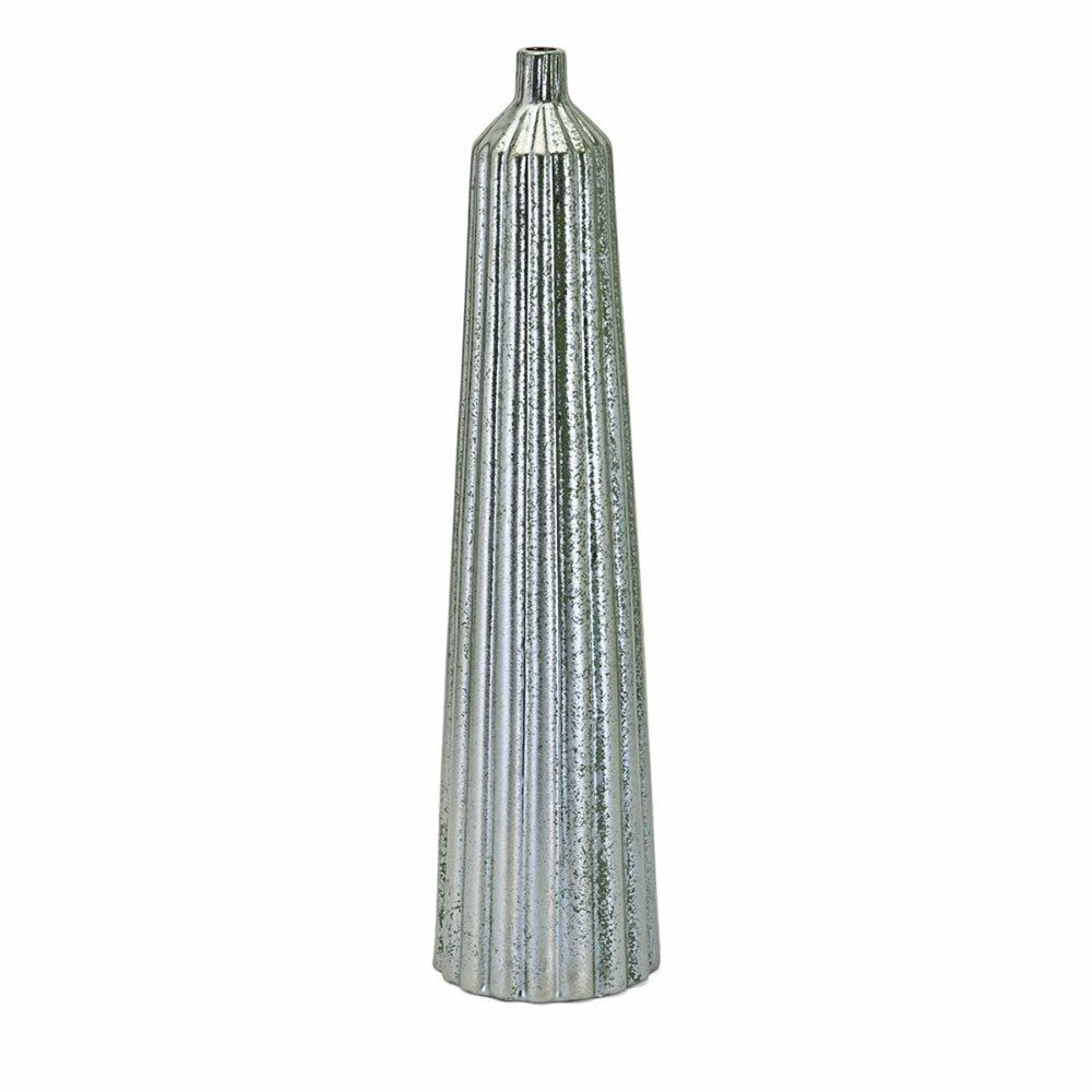 Ceramic Tall Vase with Embossed Line Texture Surface, Silver