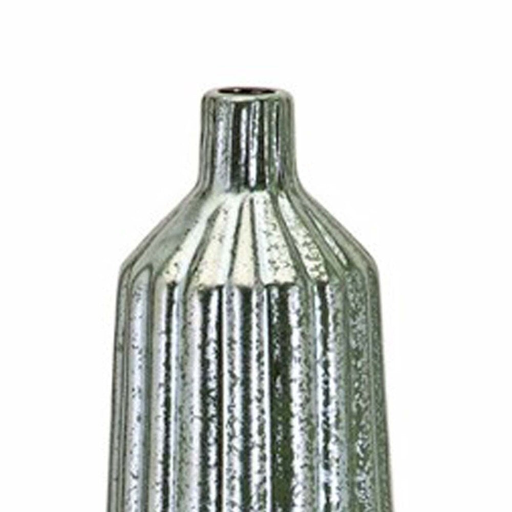 Ceramic Tall Vase with Embossed Line Texture Surface, Silver