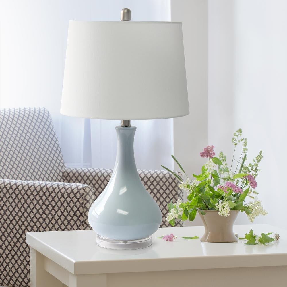 Ceramic Tear Drop Shaped Table Lamp, Light Blue, White Fabric Shade