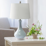 Ceramic Tear Drop Shaped Table Lamp, Light Blue, White Fabric Shade