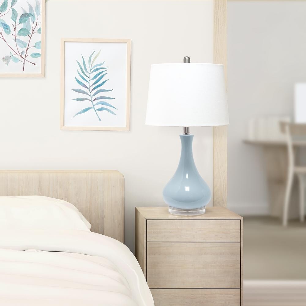 Ceramic Tear Drop Shaped Table Lamp, Light Blue, White Fabric Shade