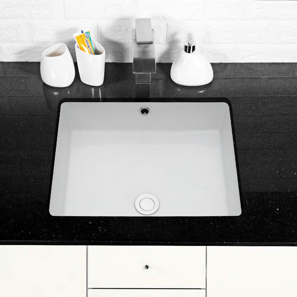 Ceramic Undermount Bathroom Sink, Modern Rectangular Sink with Overflow in White