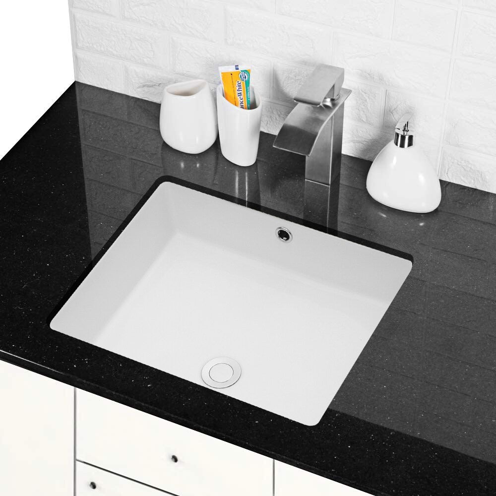 Ceramic Undermount Bathroom Sink, Modern Rectangular Sink with Overflow in White