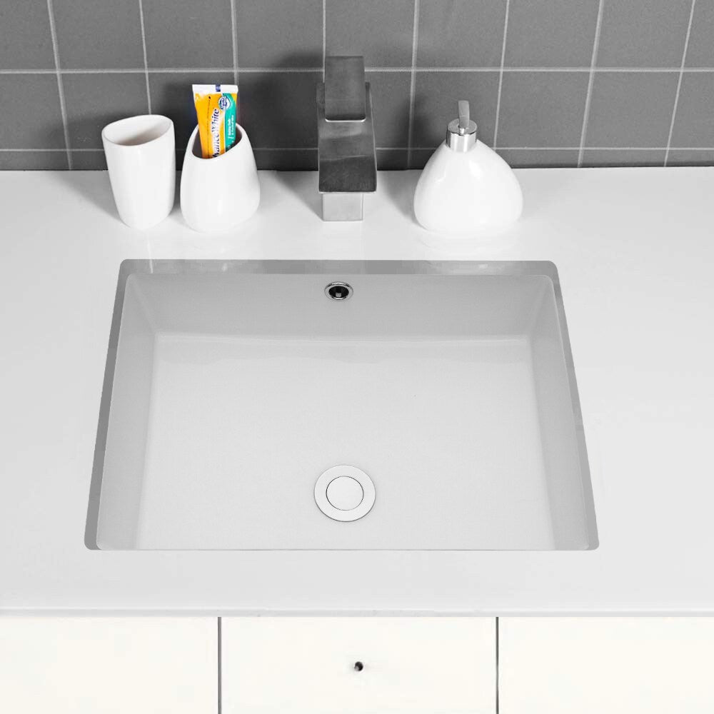 Ceramic Undermount Bathroom Sink, Modern Rectangular Sink with Overflow in White