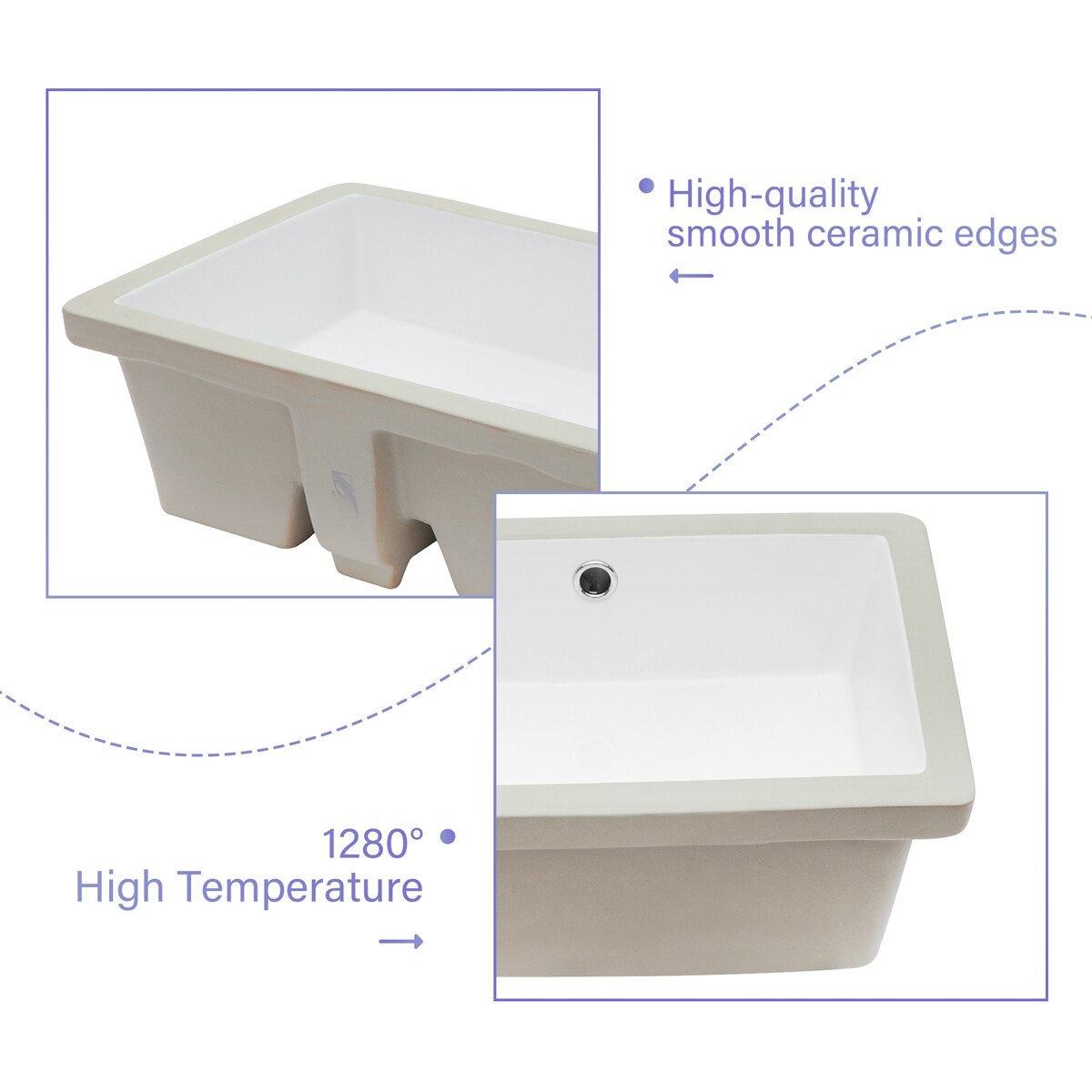 Ceramic Undermount Bathroom Sink, Modern Rectangular Sink with Overflow in White