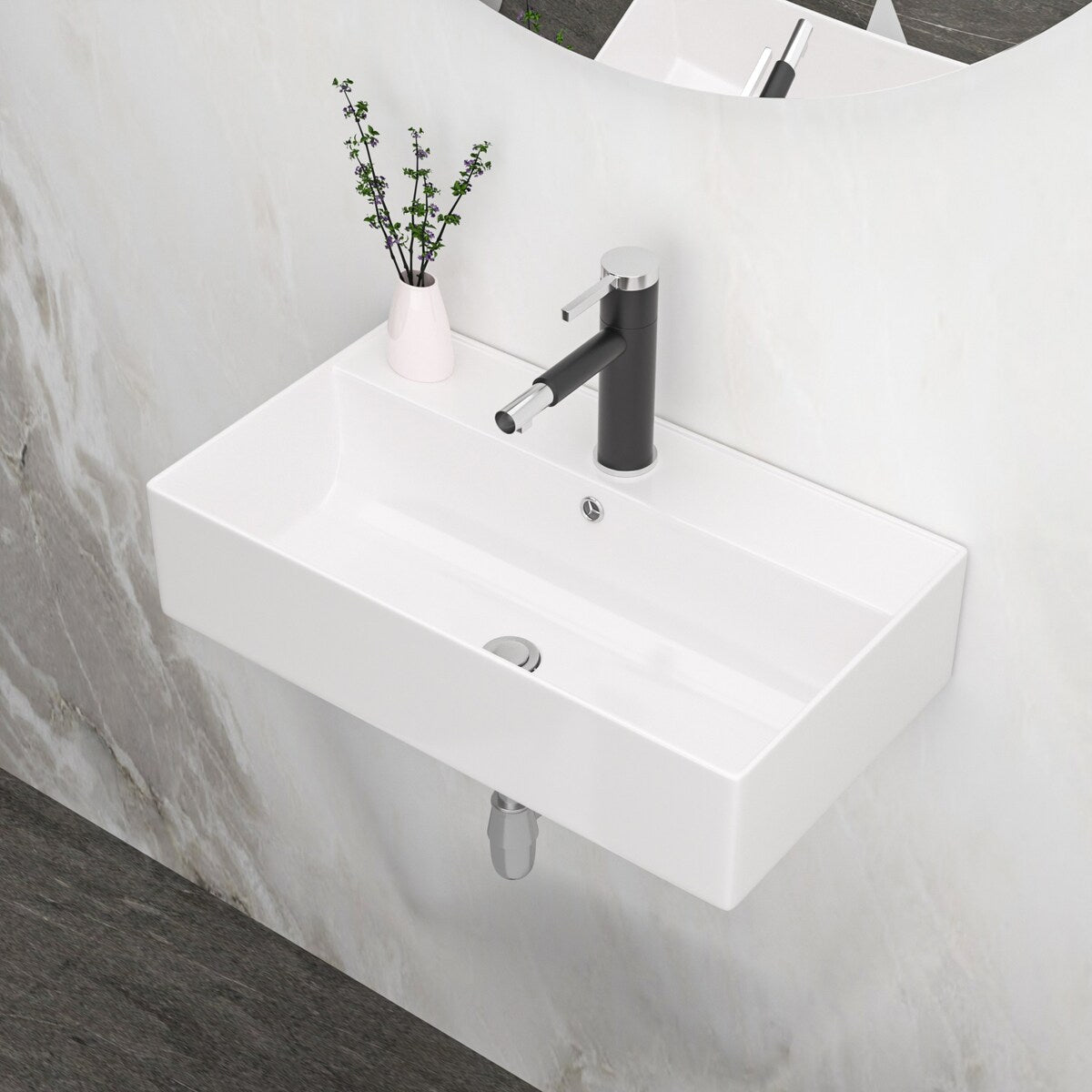 Ceramic Wall Mount Bathroom Sink with Single Faucet Hole and Overflow