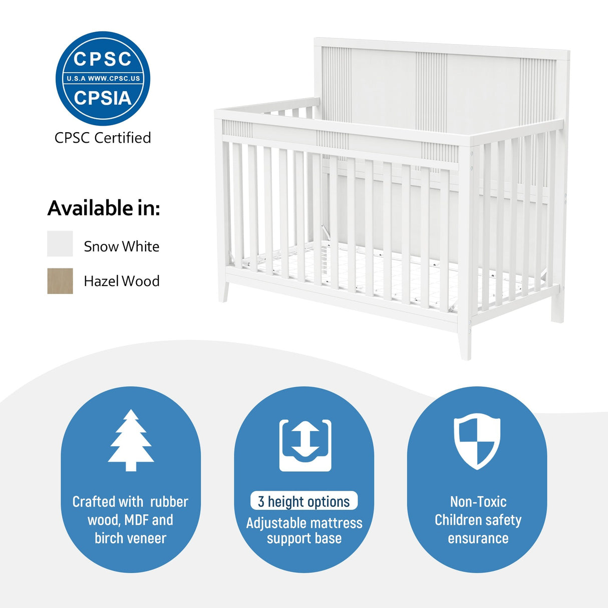 Certified Pine Solid Wood Baby Safe Crib - Snow White
