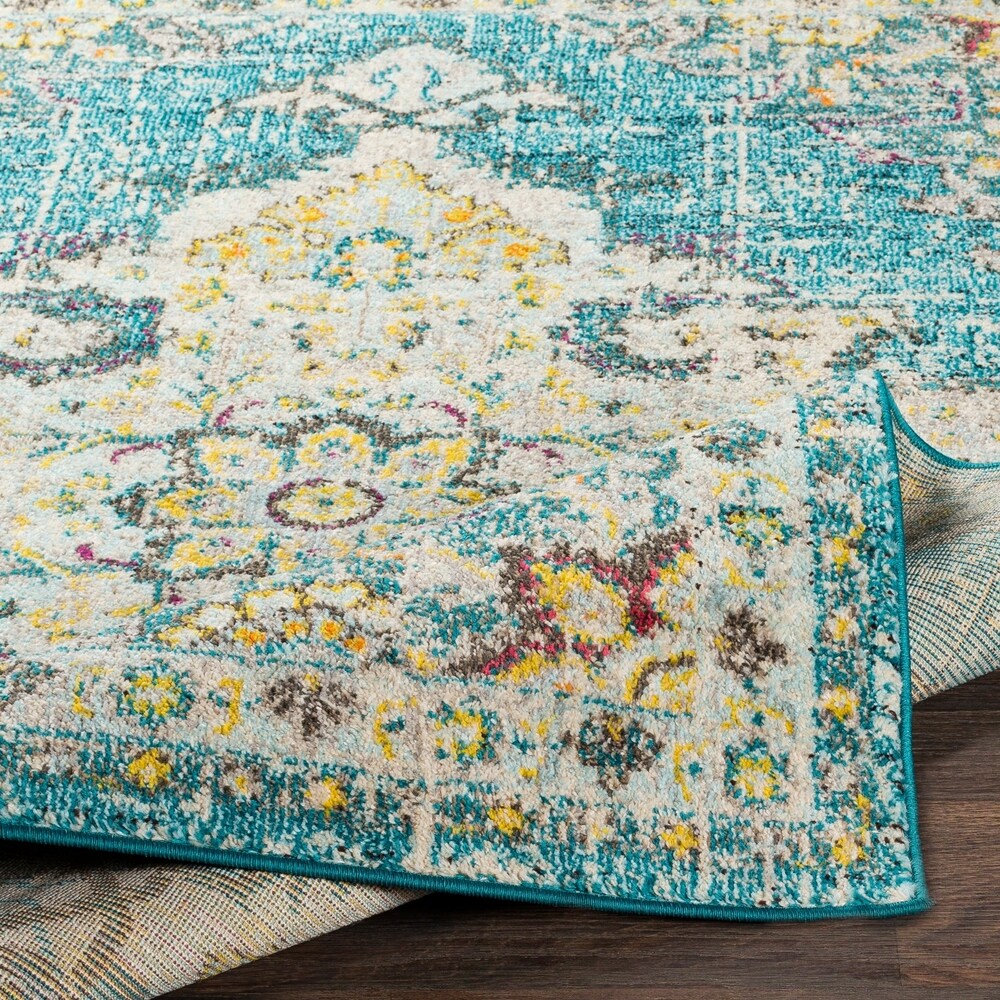 Chahira Teal Vintage Distressed Medallion Area Rug - 6'7" x 9'