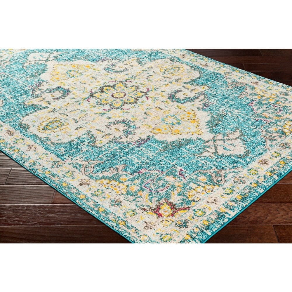 Chahira Teal Vintage Distressed Medallion Area Rug - 6'7" x 9'