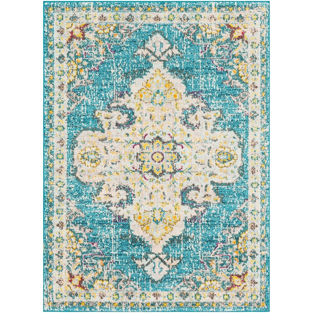 Chahira Teal Vintage Distressed Medallion Area Rug - 6'7" x 9'