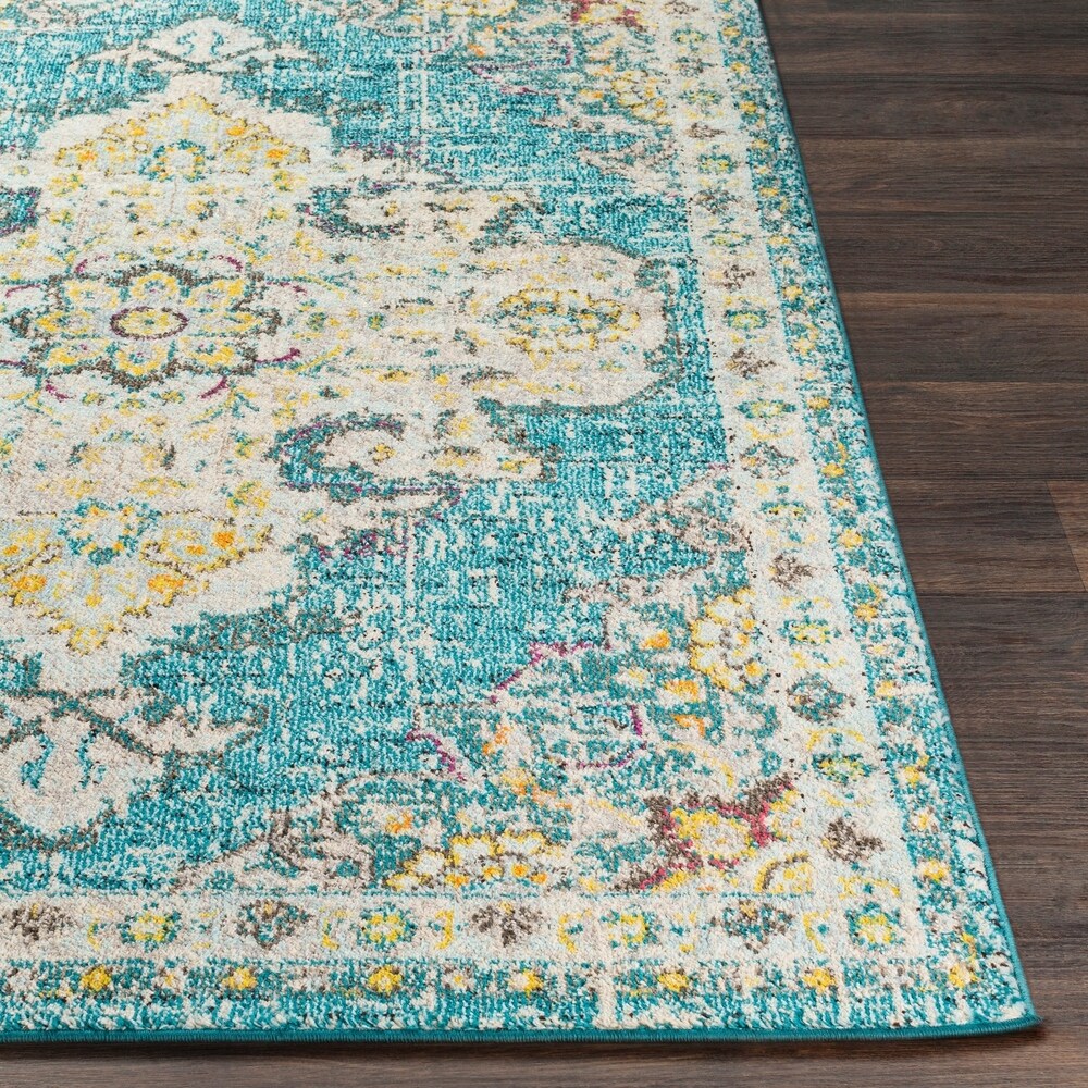 Chahira Teal Vintage Distressed Medallion Area Rug - 6'7" x 9'