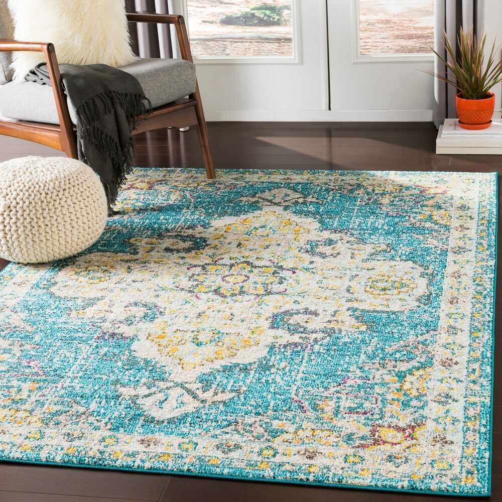 Chahira Teal Vintage Distressed Medallion Area Rug - 6'7" x 9'