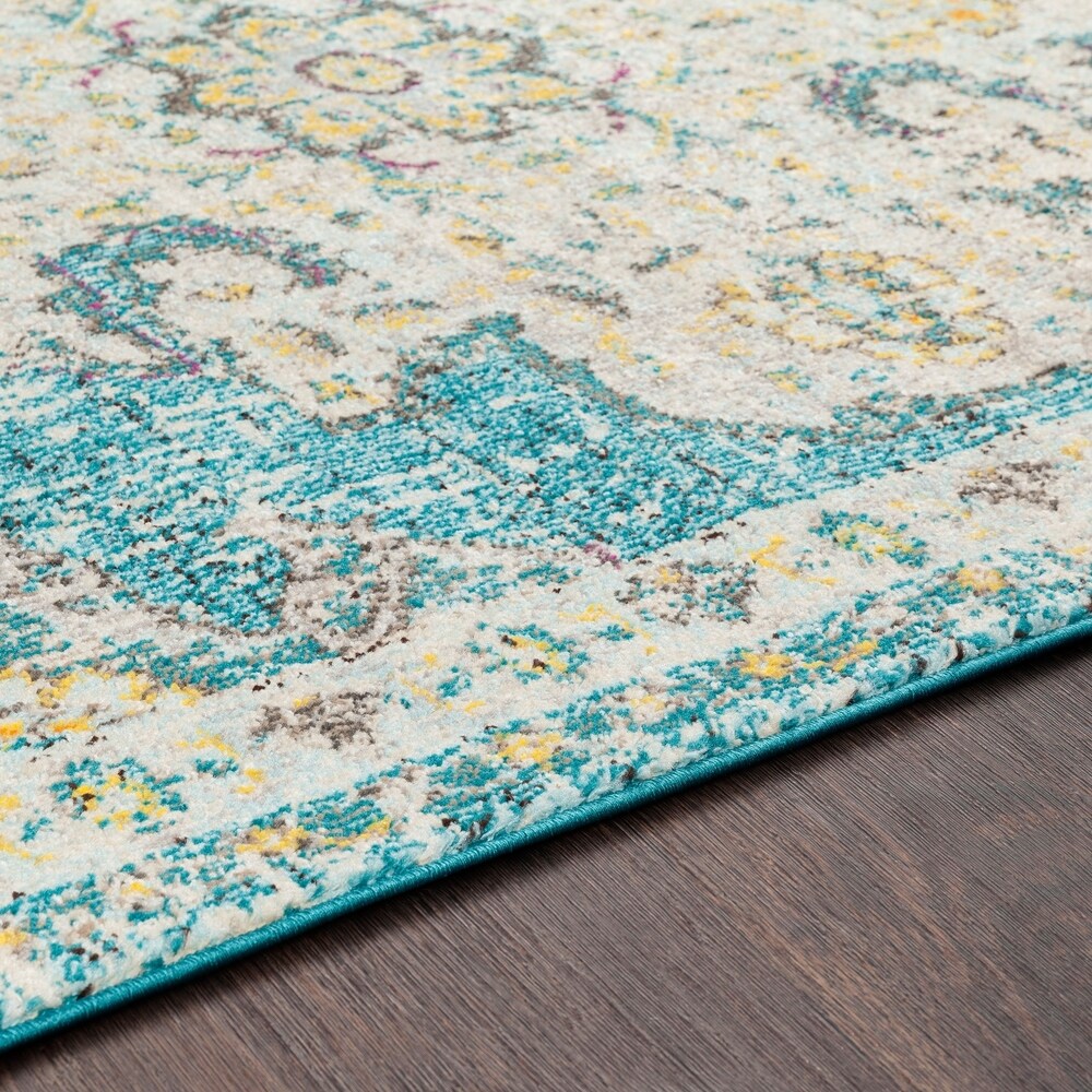 Chahira Teal Vintage Distressed Medallion Area Rug - 6'7" x 9'