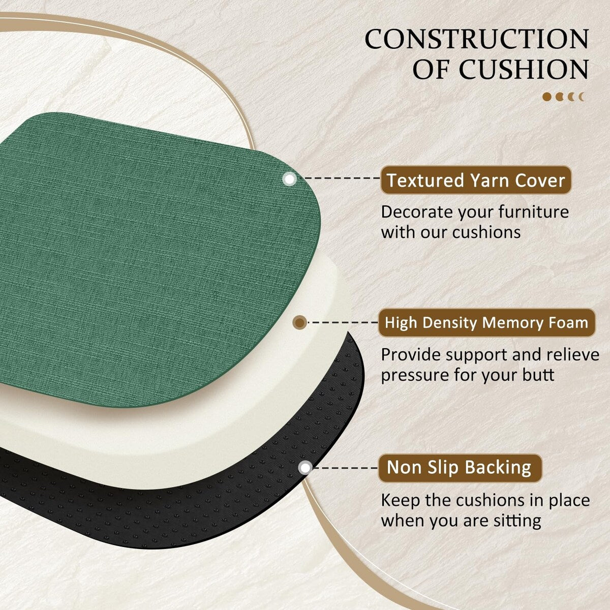 Chair Cushions for Dining Chairs 4 Pack - Memory Foam Chair Pads with Ties and Non-Slip Backing Seat Cushion 16"X16"X2",