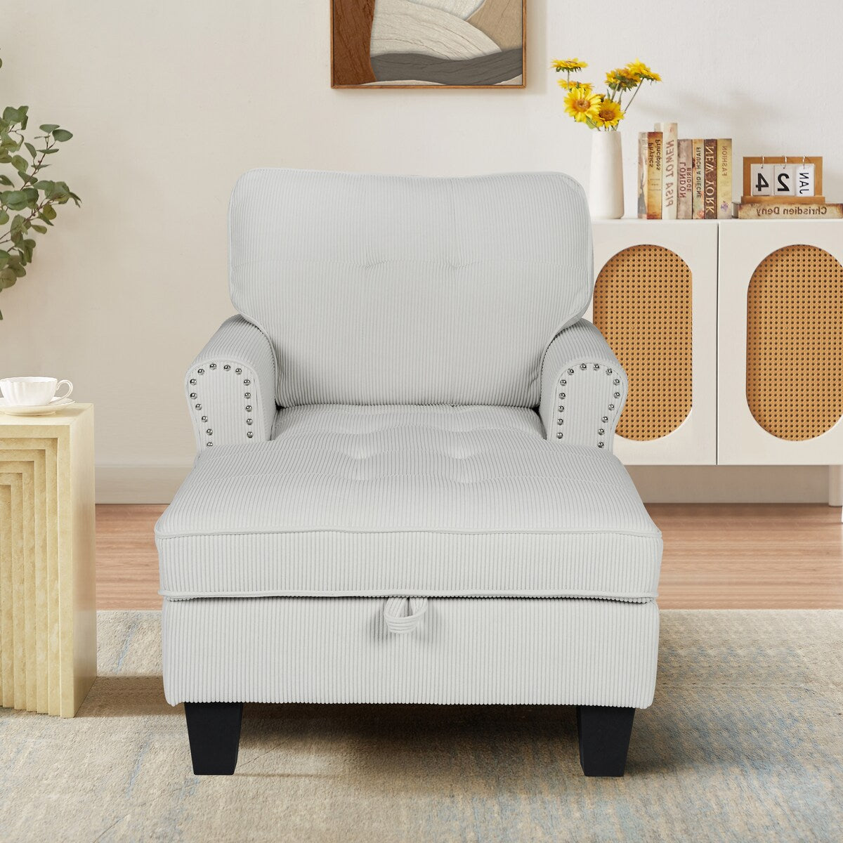 Chaise Lounge Indoor Sleeper Sofa Bed Chair Upholstered Lounge Chair for Bedroom Living Room with Rivets Beige
