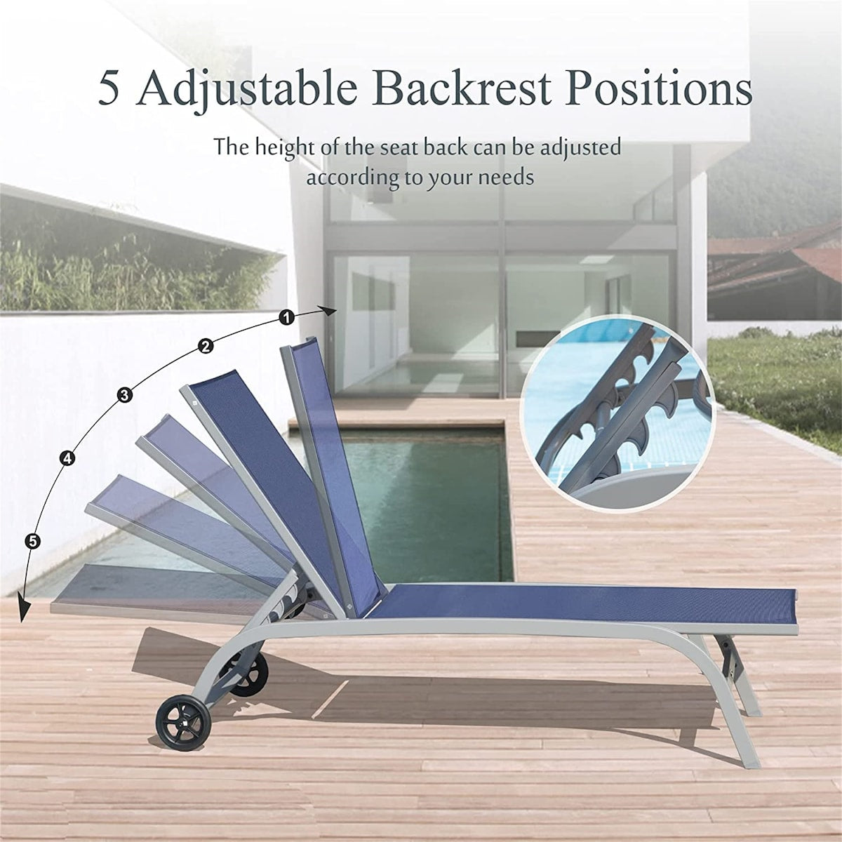 Chaise Lounge Outdoor Set of 2, Lounge Chairs for Outside with Wheels, Outdoor Lounge Chairs with 5 Adjustable Position - N/A