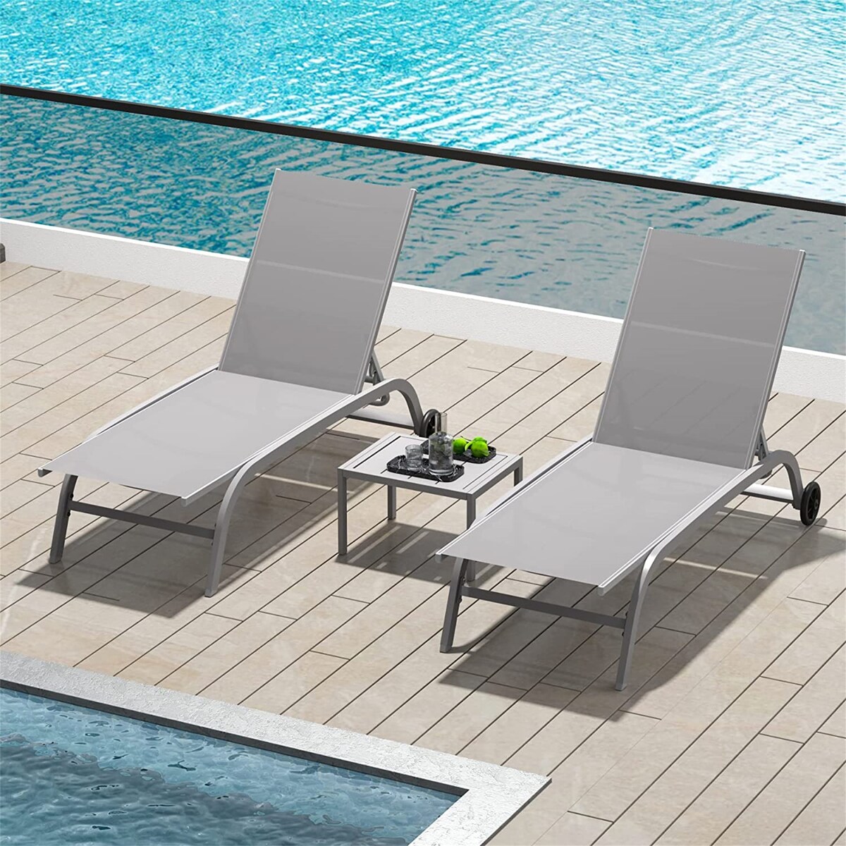 Chaise Lounge Outdoor Set of 2, Lounge Chairs for Outside with Wheels, Outdoor Lounge Chairs with 5 Adjustable Position - N/A
