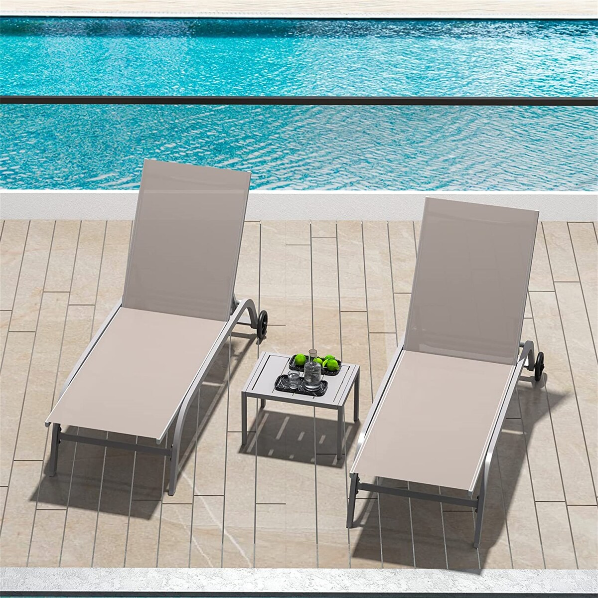 Chaise Lounge Outdoor Set of 2, Lounge Chairs for Outside with Wheels, Outdoor Lounge Chairs with 5 Adjustable Position - N/A