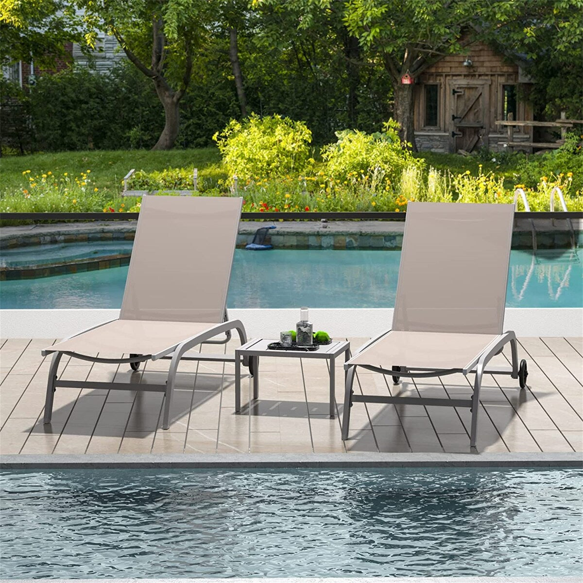 Chaise Lounge Outdoor Set of 2, Lounge Chairs for Outside with Wheels, Outdoor Lounge Chairs with 5 Adjustable Position - N/A