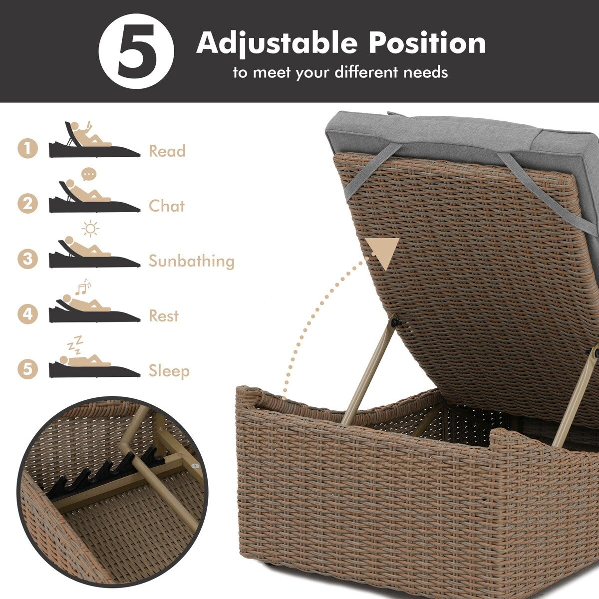 Chaise Lounge Outdoor, Patio Chaise Lounge Chair, Pool Chaise Lounge for Sun Tanning Lay Flat Poolside Lounger