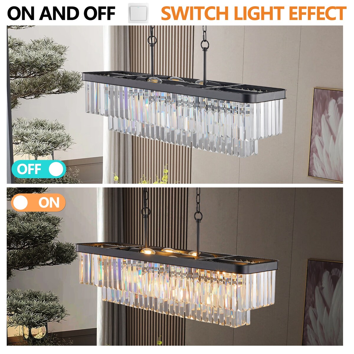 Chandeliers,Rectangular Crystal Chandelier Adjustable,E12 Modern Industrial Crystal Lights,Farmhouse Iron Ceiling Hanging Light