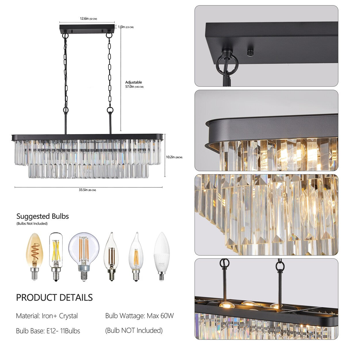 Chandeliers,Rectangular Crystal Chandelier Adjustable,E12 Modern Industrial Crystal Lights,Farmhouse Iron Ceiling Hanging Light