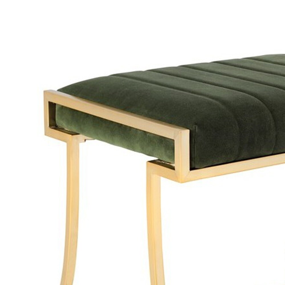 Channel Tufted Fabric Vanity Stool with Metal Legs, Green and Gold