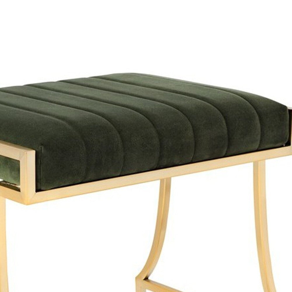 Channel Tufted Fabric Vanity Stool with Metal Legs, Green and Gold