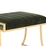Channel Tufted Fabric Vanity Stool with Metal Legs, Green and Gold