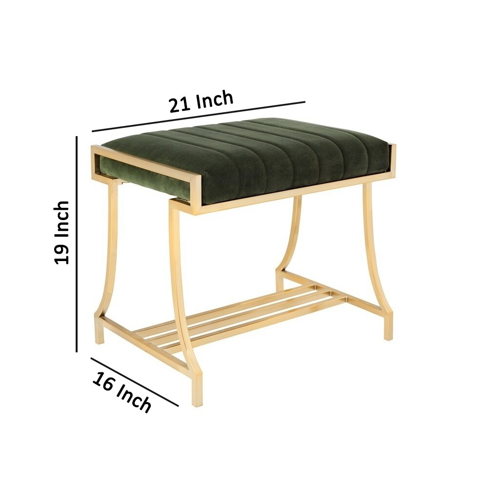 Channel Tufted Fabric Vanity Stool with Metal Legs, Green and Gold