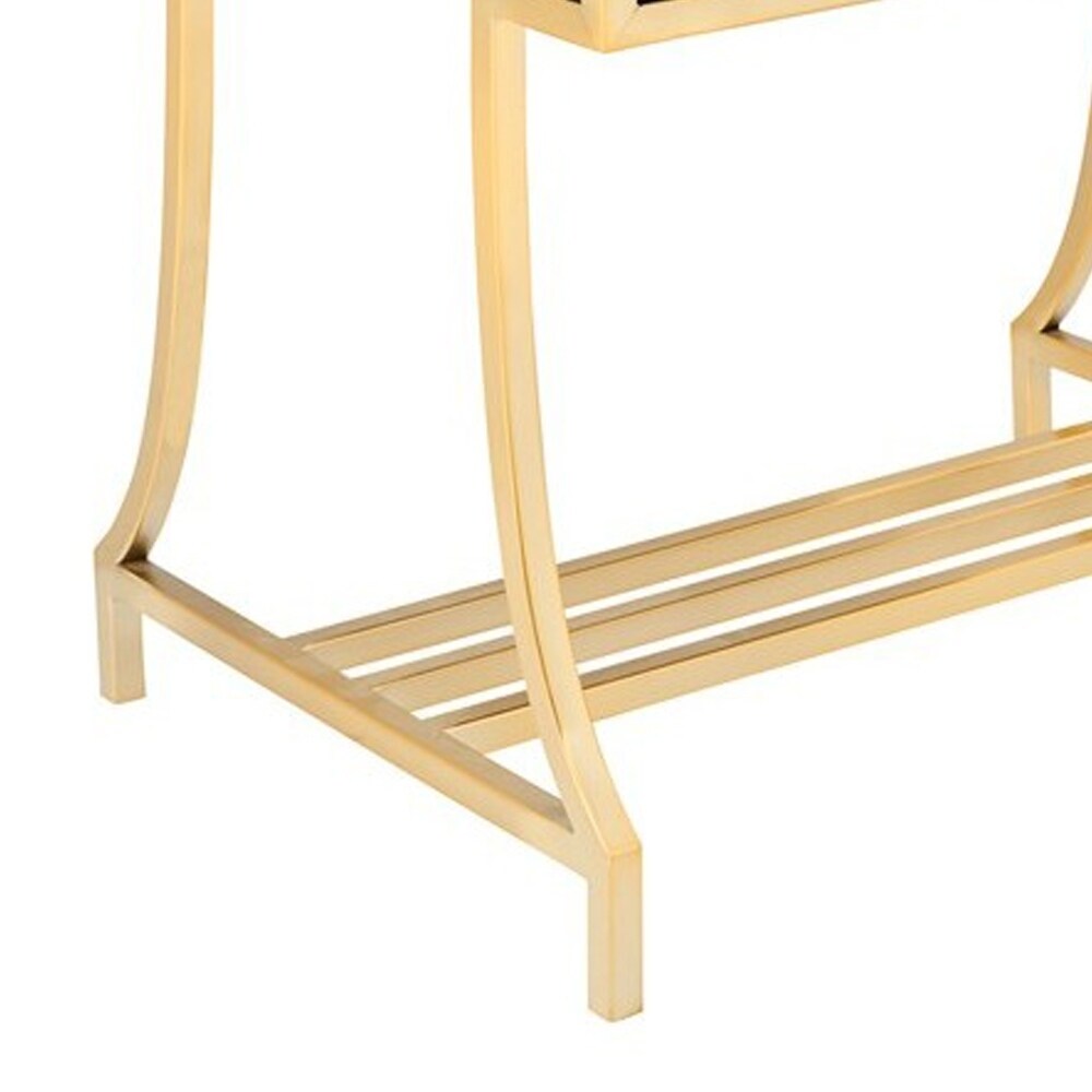 Channel Tufted Fabric Vanity Stool with Metal Legs, Green and Gold