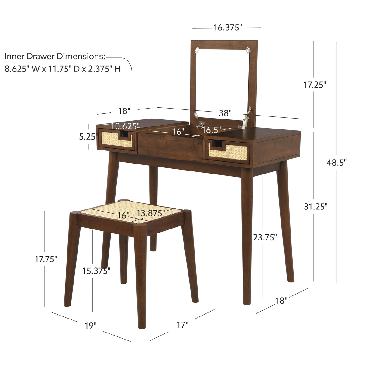 Chantal Wood 2 Cane Drawer Vanity with Stool