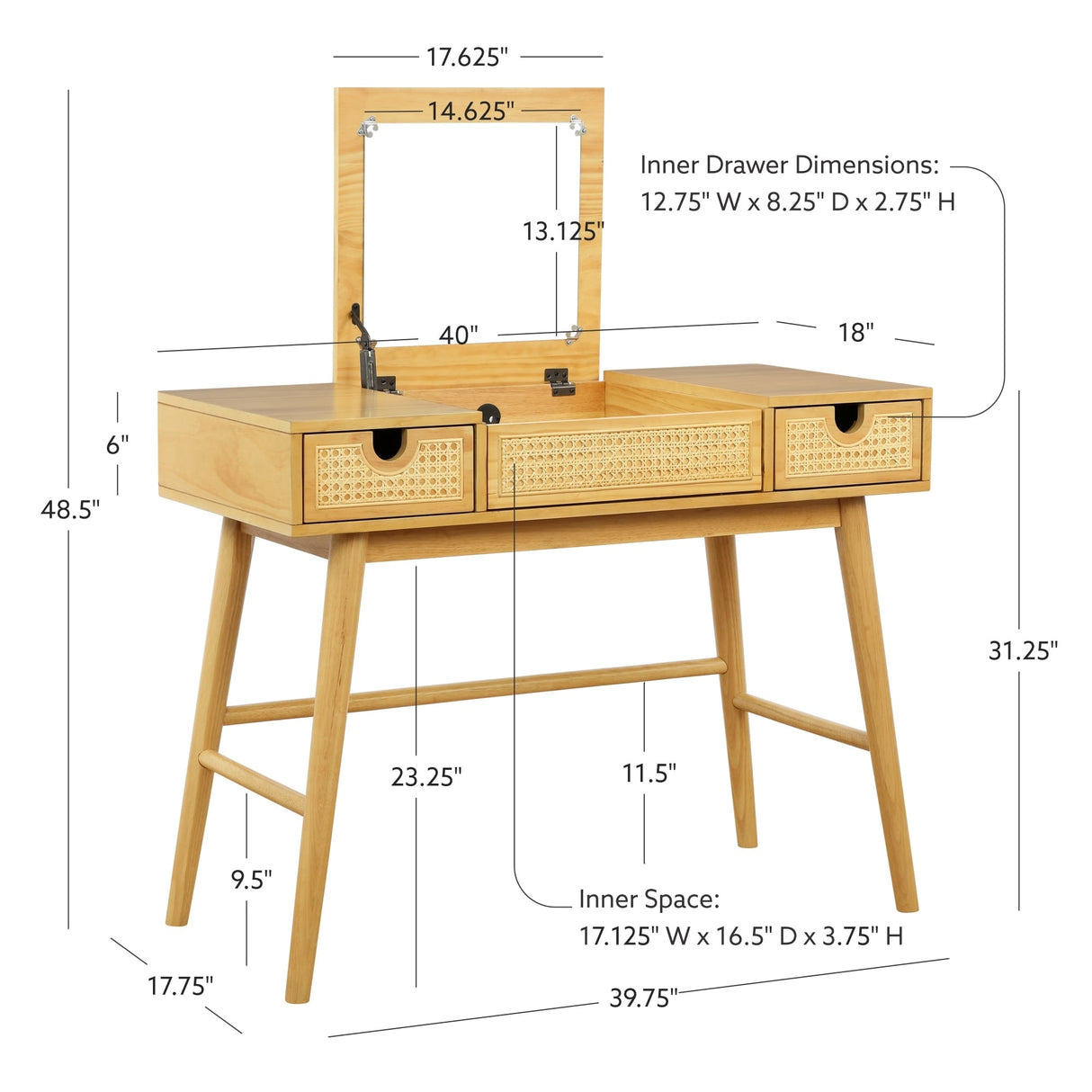Chantal Wood 2 Cane Drawer Vanity with Stool