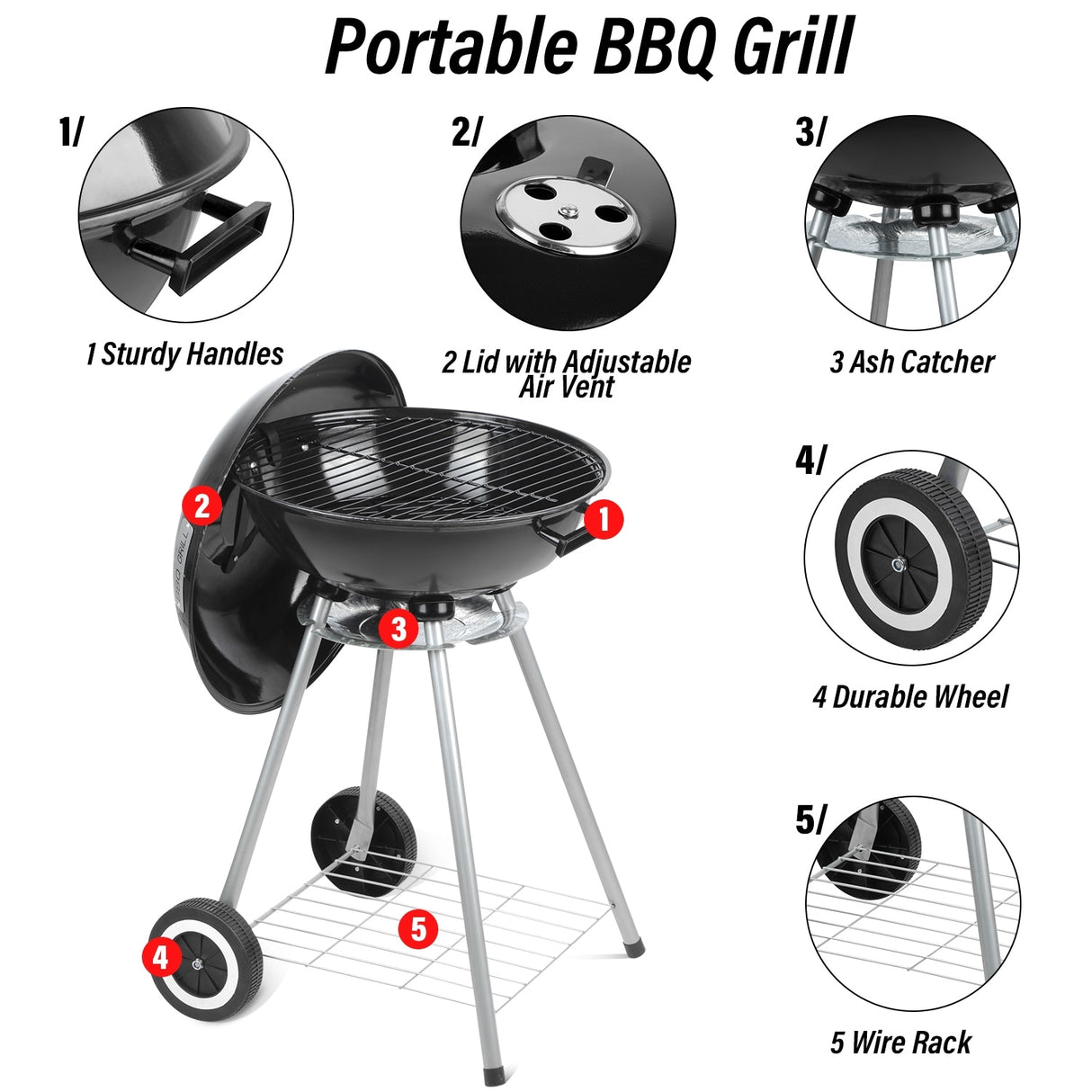 Ainfox Charcoal Grills 18.5” Portable BBQ Kettle Grill with Wheels for Barbecue
