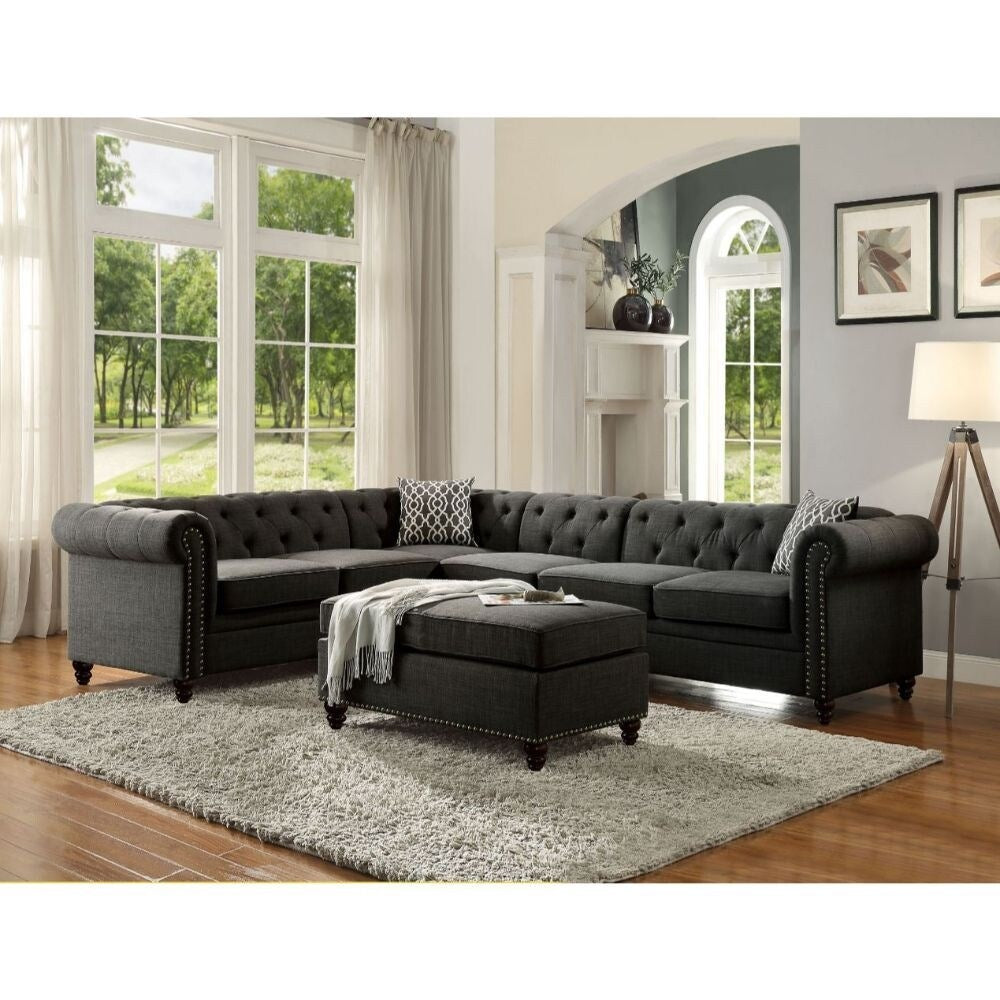 Charcoal Linen Ottoman with Nailhead Trim