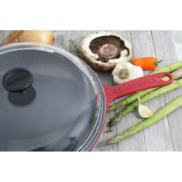 Chasseur 11-inch Red French Enameled Cast Iron Fry pan with Glass Lid