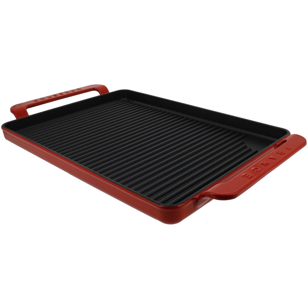 Chasseur 14-inch Red Rectangular French Enameled Cast Iron Grill Pan with Handles