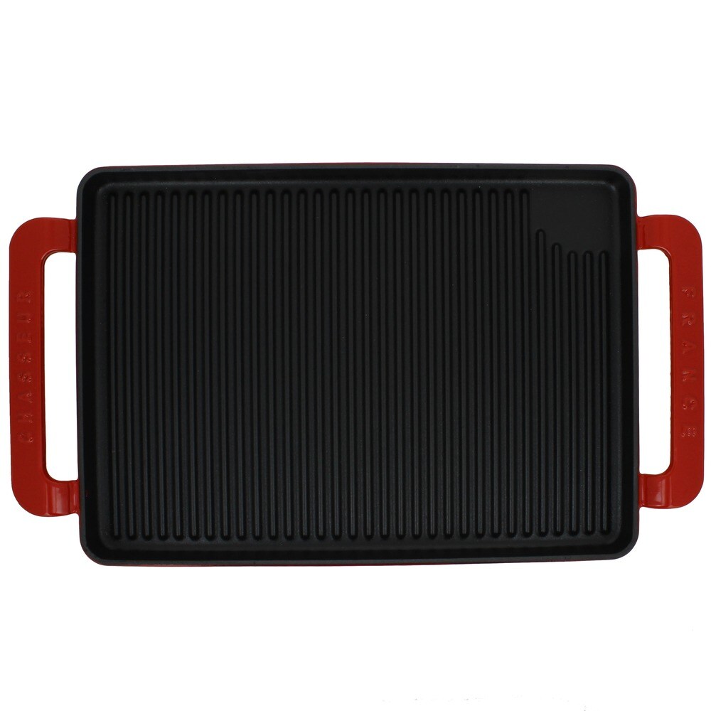 Chasseur 14-inch Red Rectangular French Enameled Cast Iron Grill Pan with Handles