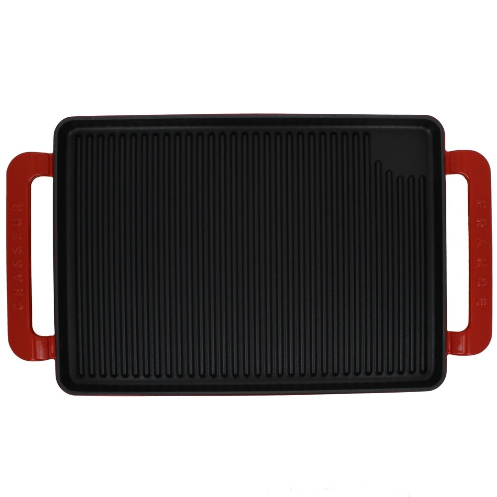 Chasseur 14-inch Red Rectangular French Enameled Cast Iron Grill Pan with Handles