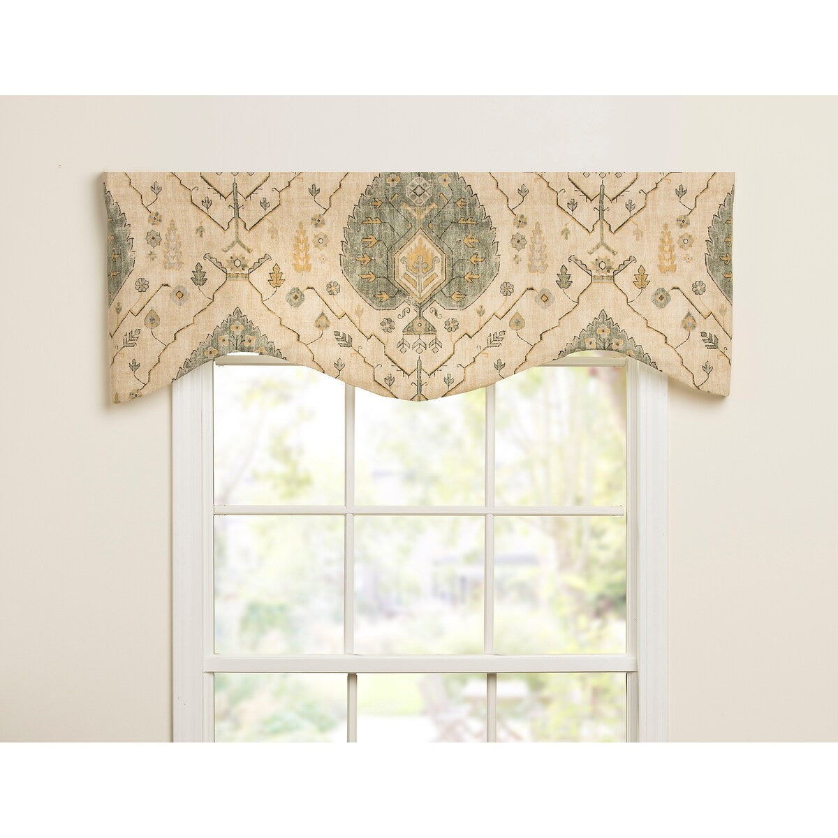 Chateau seafoam medallion damask shaped valance