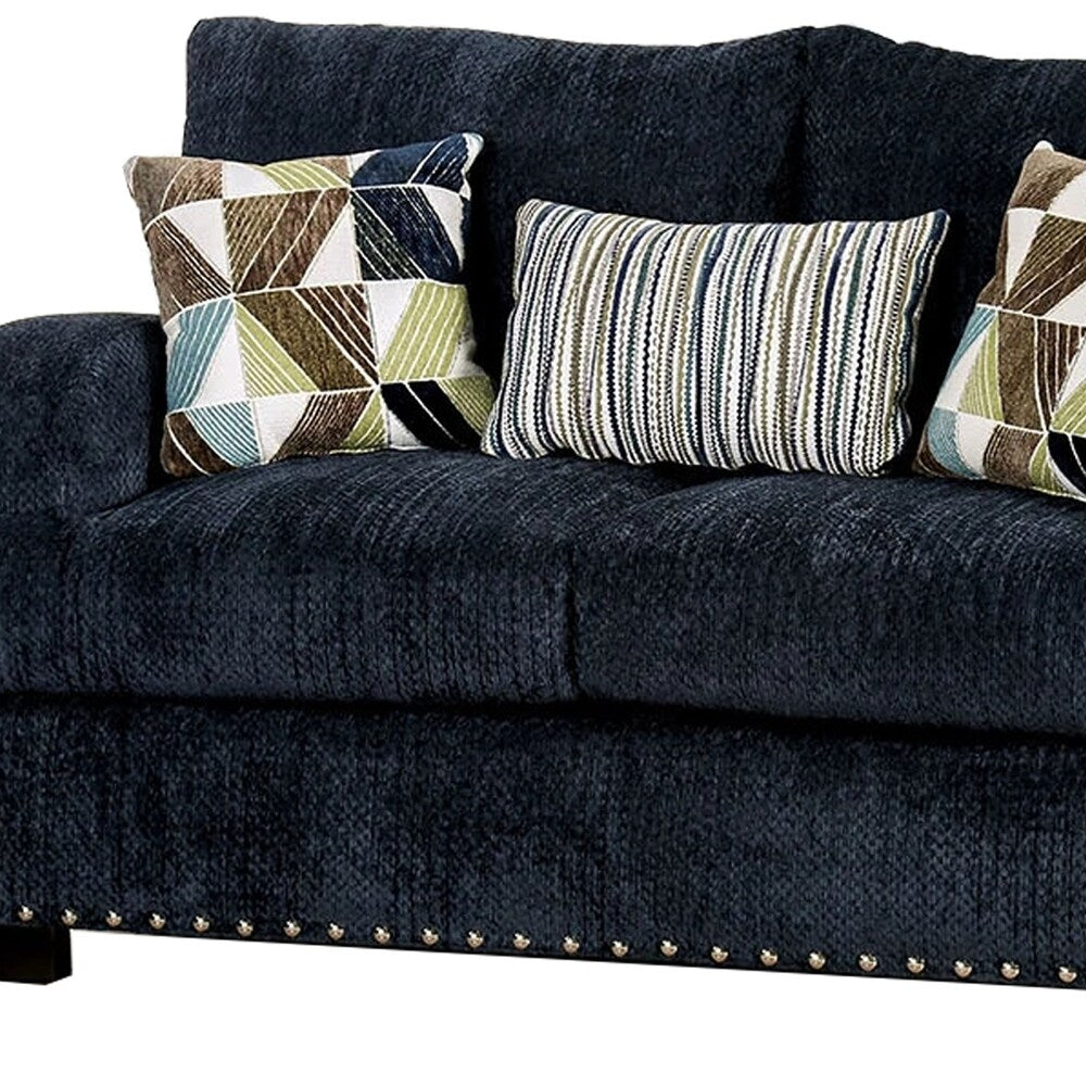 Chenille Fabric Upholstered Wooden Loveseat with Throw Pillows, Blue