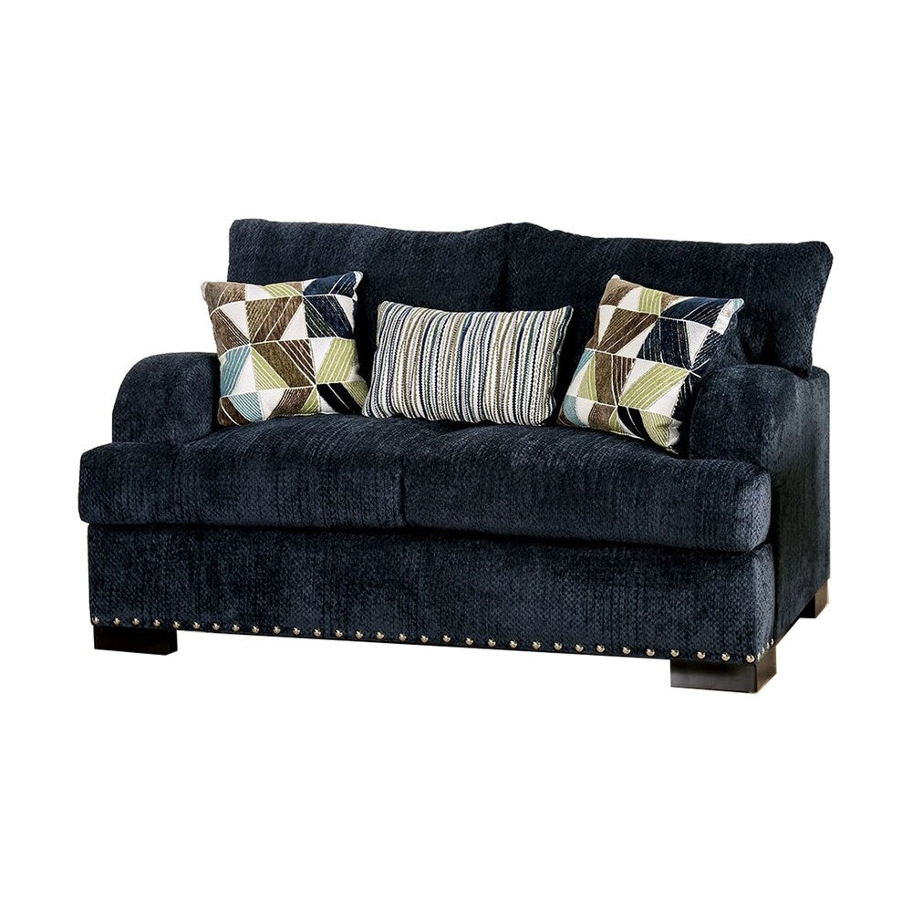 Chenille Fabric Upholstered Wooden Loveseat with Throw Pillows, Blue