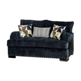 Chenille Fabric Upholstered Wooden Loveseat with Throw Pillows, Blue
