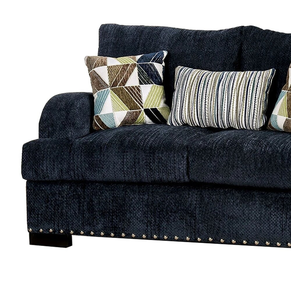 Chenille Fabric Upholstered Wooden Loveseat with Throw Pillows, Blue