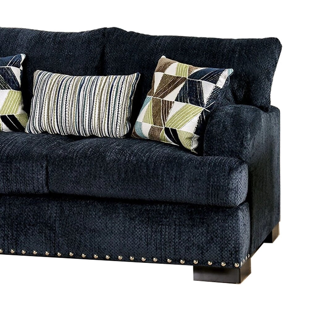 Chenille Fabric Upholstered Wooden Loveseat with Throw Pillows, Blue