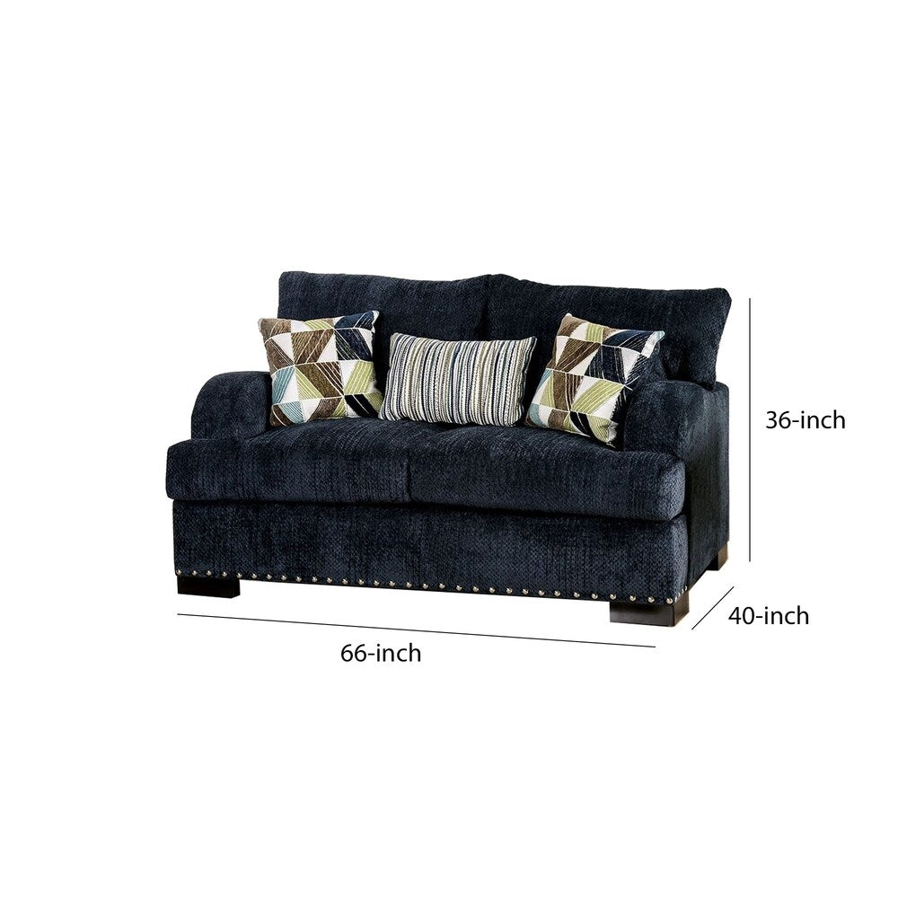 Chenille Fabric Upholstered Wooden Loveseat with Throw Pillows, Blue