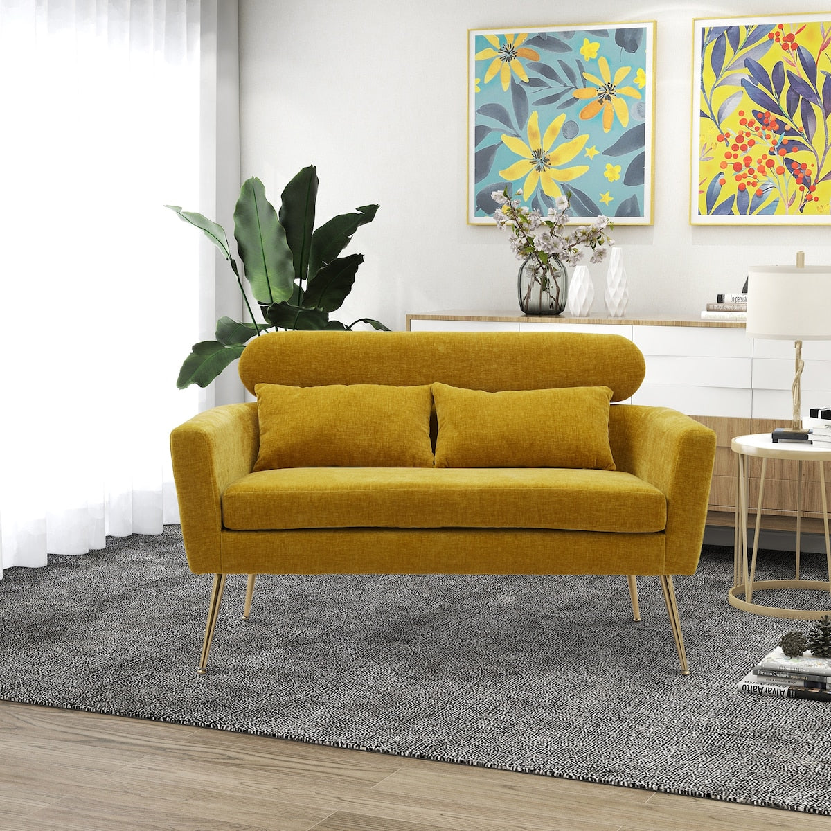Chenille Loveseat Small Sofa Small Mini Room Couch Two-seater Sofa Padded Seat Arm Chairs with 2 Throw Pillows & Metal Legs