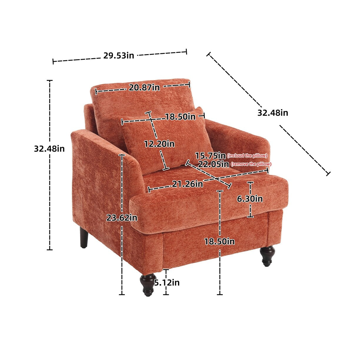 Chenille Single Sofa Chair, Upholstered Accent Chair with Soft Pillow, Mid Century Modern Reading Armchair